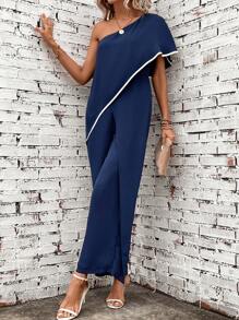 SHEIN Clasi 單肩撞色滾邊蝙蝠袖連身褲 - 藏蓝色 - 查看 1