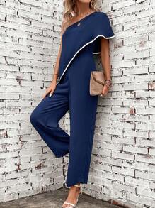 SHEIN Clasi 單肩撞色滾邊蝙蝠袖連身褲 - 藏蓝色 - 查看 4