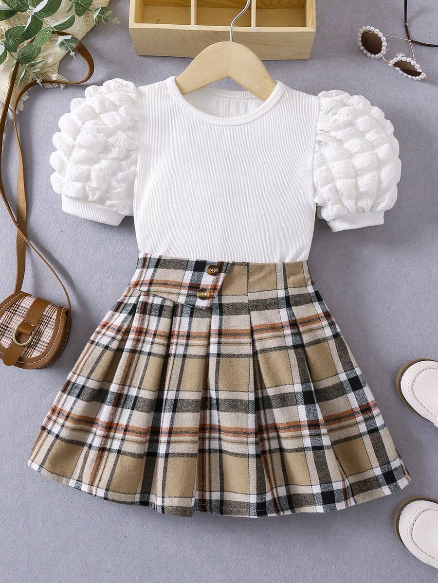 Bộ thời trang bé gái Xếp li Textured Sọc ca rô Giải trí - Nhiều màu - Xem 1