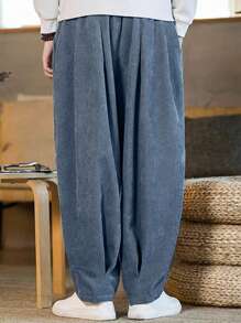 Claim Dot Men Fold Pleated Detail Slant Pocket Trousers - Blue - View 3