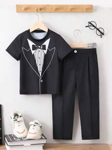 SHEIN Trẻ Con trai In nơ Áo thun & quần - Đen và trắng - Xem 1