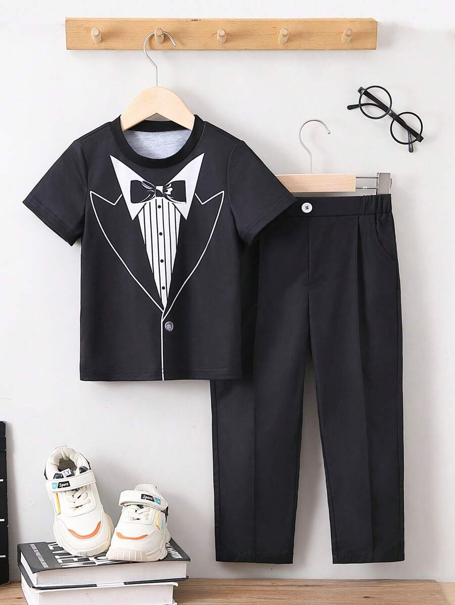 SHEIN Trẻ Con trai In nơ Áo thun & quần - Đen và trắng - Xem 1