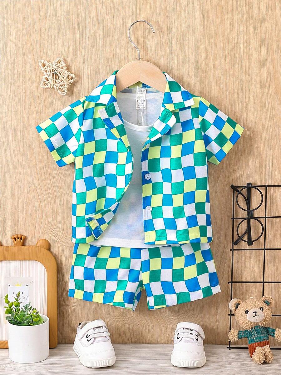 SHEIN Baby Boy Checker Print Shirt & Shorts Without Tee - Multicolor - View 1