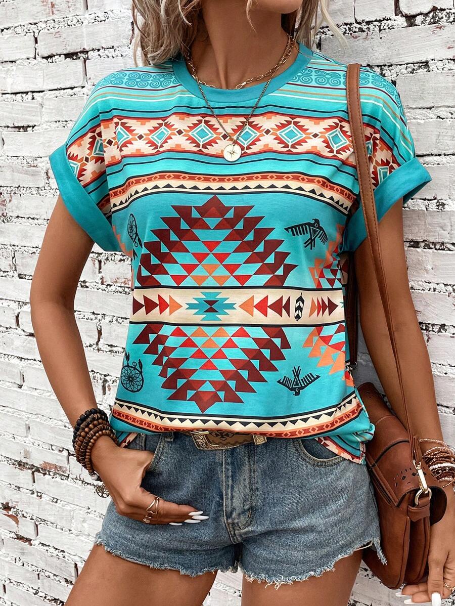 SHEIN LUNE 幾何印花蝙蝠袖T恤 - 青碧色 - 查看 1