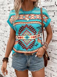 SHEIN LUNE 幾何印花蝙蝠袖T恤 - 青碧色 - 查看 3