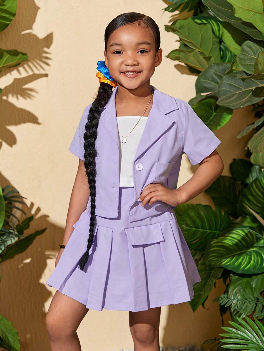 SHEIN 休閒口袋 前紐扣 百褶撞色女幼童兩件套 - 淡紫色 - 查看 1