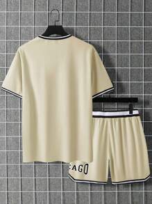 Manfinity Campus Court Aesthetic Post--Men Letter Graphic Contrast Trim Tee & Drawstring Waist Shorts Set - Khaki - View 2