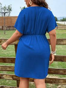 SHEIN Clasi 大碼蝙蝠袖側打結圍裹式洋裝 - 寶藍色 - 查看 2