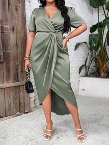 SHEIN Clasi 女士纯色裹身下摆连衣裙 - 軍綠色 - 查看 4