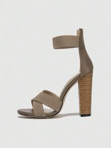 女性交叉粗跟優雅卡其色彈性踝帶平底涼鞋 - 卡其色 - 查看 3