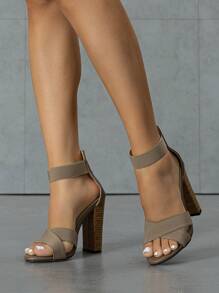 女性交叉粗跟優雅卡其色彈性踝帶平底涼鞋 - 卡其色 - 查看 4