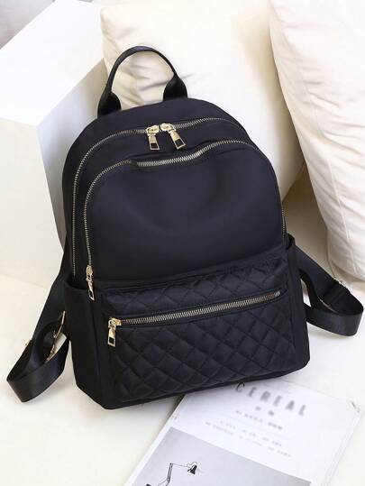 大容量经典背包纯色绗缝细节书包，轻便，便携，商务休闲，适合青少年女孩女大学生，非常适合返校、大学、中学、高中、工作、商务、通勤、体育场、运动、购物、度假