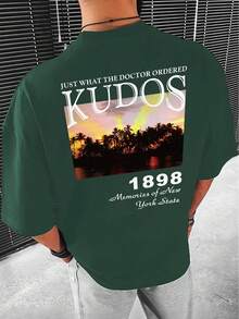 Manfinity EMRG Hombres Camiseta de hombros caídos con estampado de slogan - Verde Oscuro - Ver 3