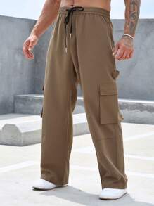 Manfinity Homme Men Flap Pocket Side Drawstring Waist Cargo Trousers - Khaki - View 3