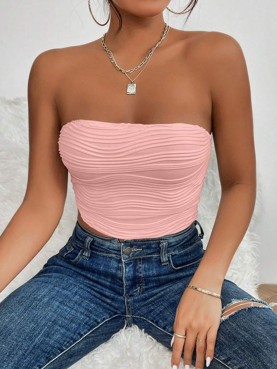 SHEIN PETITE 素色褶邊抹胸上衣 - 淺粉色 - 查看 1