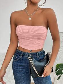 SHEIN PETITE 素色褶邊抹胸上衣 - 淺粉色 - 查看 5