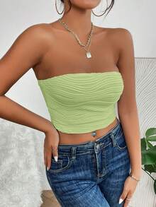 SHEIN PETITE Solid Crop Tube Top - Mint Green - View 3