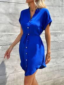 SHEIN LUNE Solid Button Front Belted Shirt Dress - Royal Blue - View 5