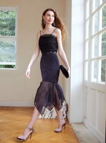 MOTF PREMIUM 褶邊網紗吊帶上衣 - 黑色 - 查看 7