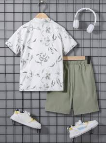 SHEIN Leap Crew Tween Boy Floral Print Shirt & Drawstring Waist Shorts Without Tee - Multicolor - View 2