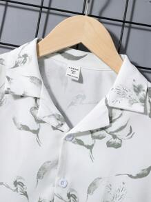 SHEIN Leap Crew Tween Boy Floral Print Shirt & Drawstring Waist Shorts Without Tee - Multicolor - View 3