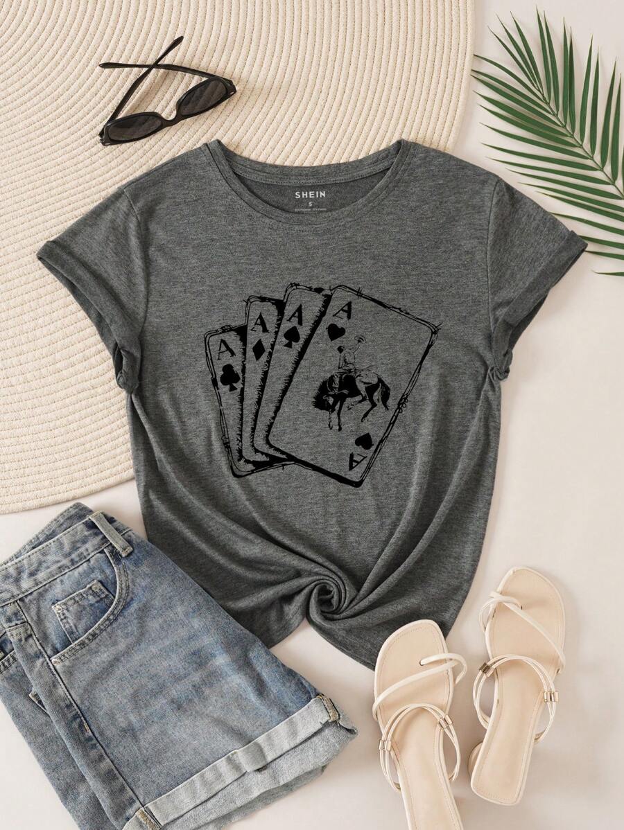 SHEIN LUNE Áo thun nữ Lá thư Con số Giải trí - Xám - Xem 1