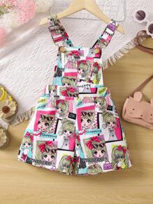 SHEIN Young Girl Letter Printed Cartoon Design Holiday Style Romper With Thickened Straps, Summer - Multicolor - View 1
