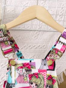 SHEIN Young Girl Letter Printed Cartoon Design Holiday Style Romper With Thickened Straps, Summer - Multicolor - View 3