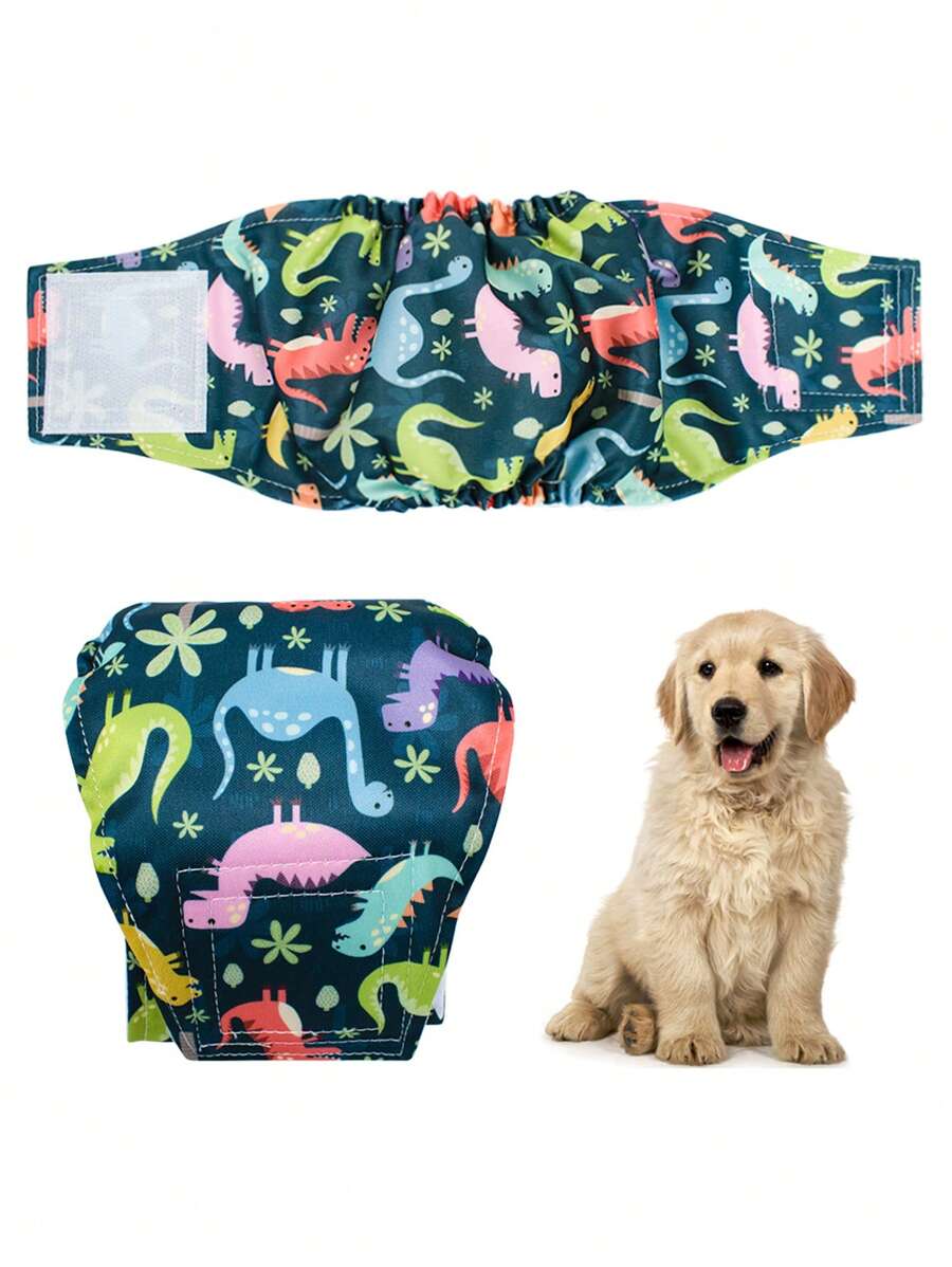 1入組卡通恐龍圖案寵物布尿布適用於狗狗 - 藍色 - 查看 1