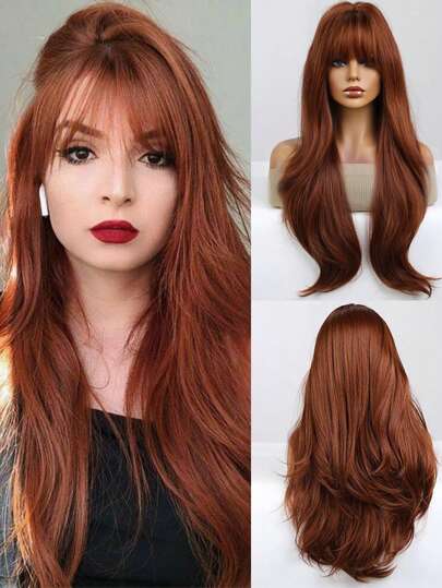 華麗自然橘色波浪狀假髮帶流蘇適合女士-耐熱合成纖維捲髮假髮帶流蘇適用於角色扮演