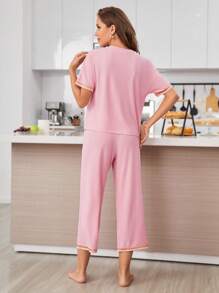 Slogan Graphic Contrast Piping Drop Shoulder Lounge Set - Pink - View 2