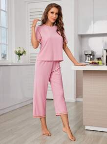 Slogan Graphic Contrast Piping Drop Shoulder Lounge Set - Pink - View 4
