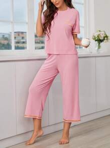 Slogan Graphic Contrast Piping Drop Shoulder Lounge Set - Pink - View 5