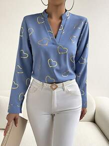 SHEIN LUNE Áo sơ mi nữ Tim Giải trí - Màu xanh lam - Xem 3