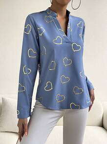 SHEIN LUNE Áo sơ mi nữ Tim Giải trí - Màu xanh lam - Xem 5
