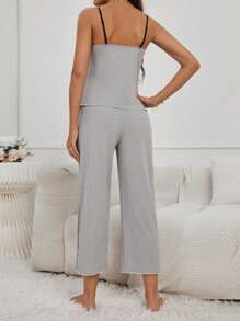 SHEIN Contrast Lace Cami Top & Trousers Lounge Set - Light Grey - View 2