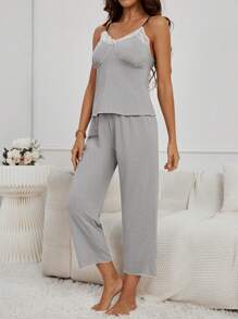 SHEIN Contrast Lace Cami Top & Trousers Lounge Set - Light Grey - View 3