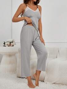 SHEIN Contrast Lace Cami Top & Trousers Lounge Set - Light Grey - View 4
