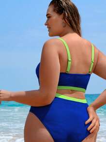 SHEIN Swim Curve Plus Size Contrast Binding Bikini Set Summer Beach - Royal Blue - View 3