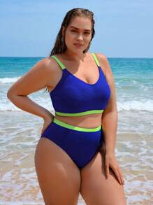 SHEIN Swim Curve Plus Size Contrast Binding Bikini Set Summer Beach - Royal Blue - View 6