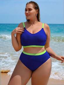 SHEIN Swim Curve Plus Size Contrast Binding Bikini Set Summer Beach - Royal Blue - View 7