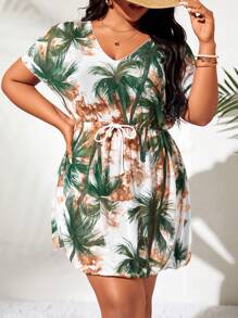 Swim Lushoire Summer Beach Plus Tropical Print Drawstring Waist Cover Up Dress - Multicolor - View 1