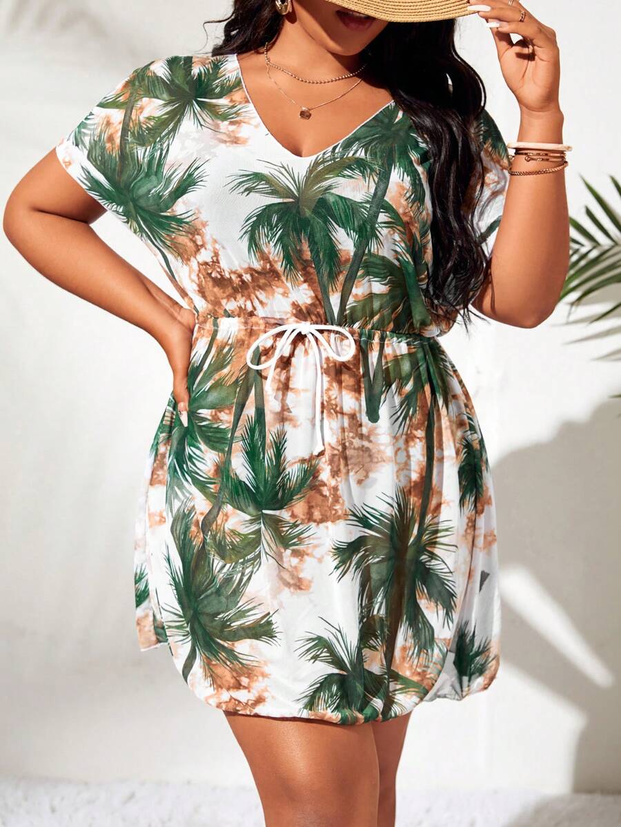 Swim Lushoire Summer Beach Plus Tropical Print Drawstring Waist Cover Up Dress - Multicolor - View 1