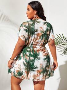 Swim Lushoire Summer Beach Plus Tropical Print Drawstring Waist Cover Up Dress - Multicolor - View 2