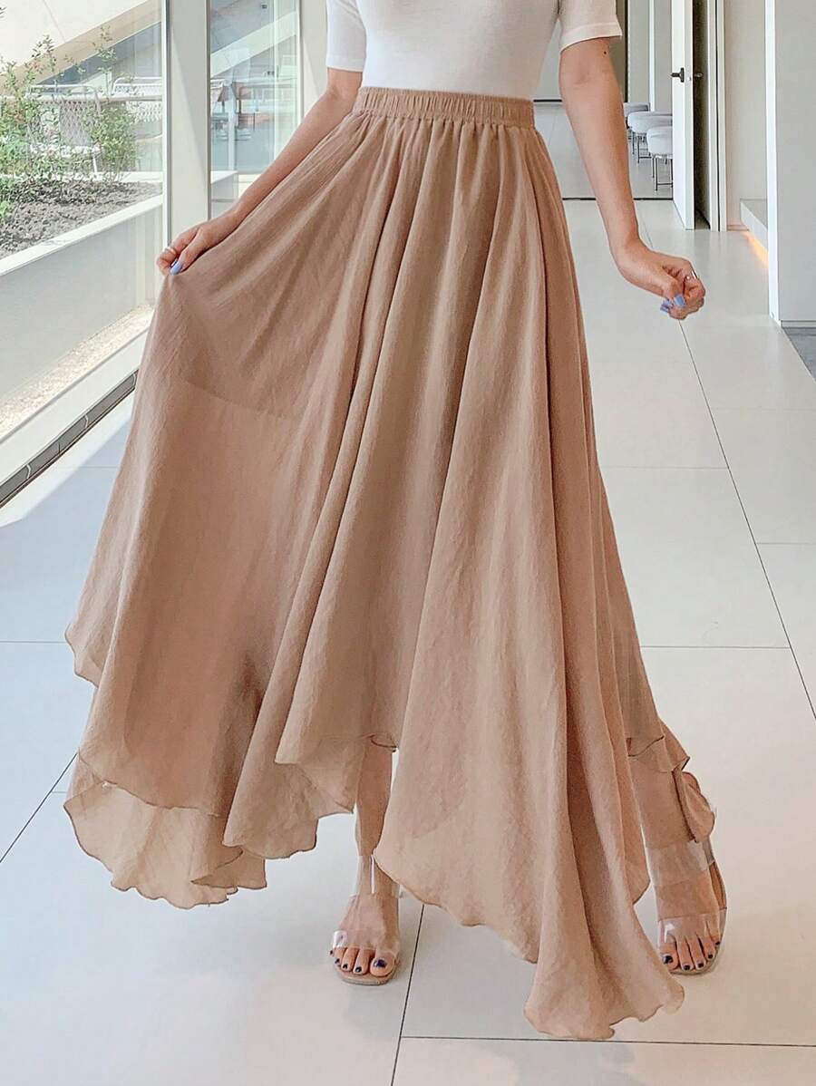 DAZY Chất rắn Viền khăn tay Váy - Màu Khaki - Xem 1