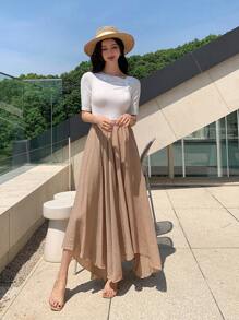 DAZY Chất rắn Viền khăn tay Váy - Màu Khaki - Xem 7