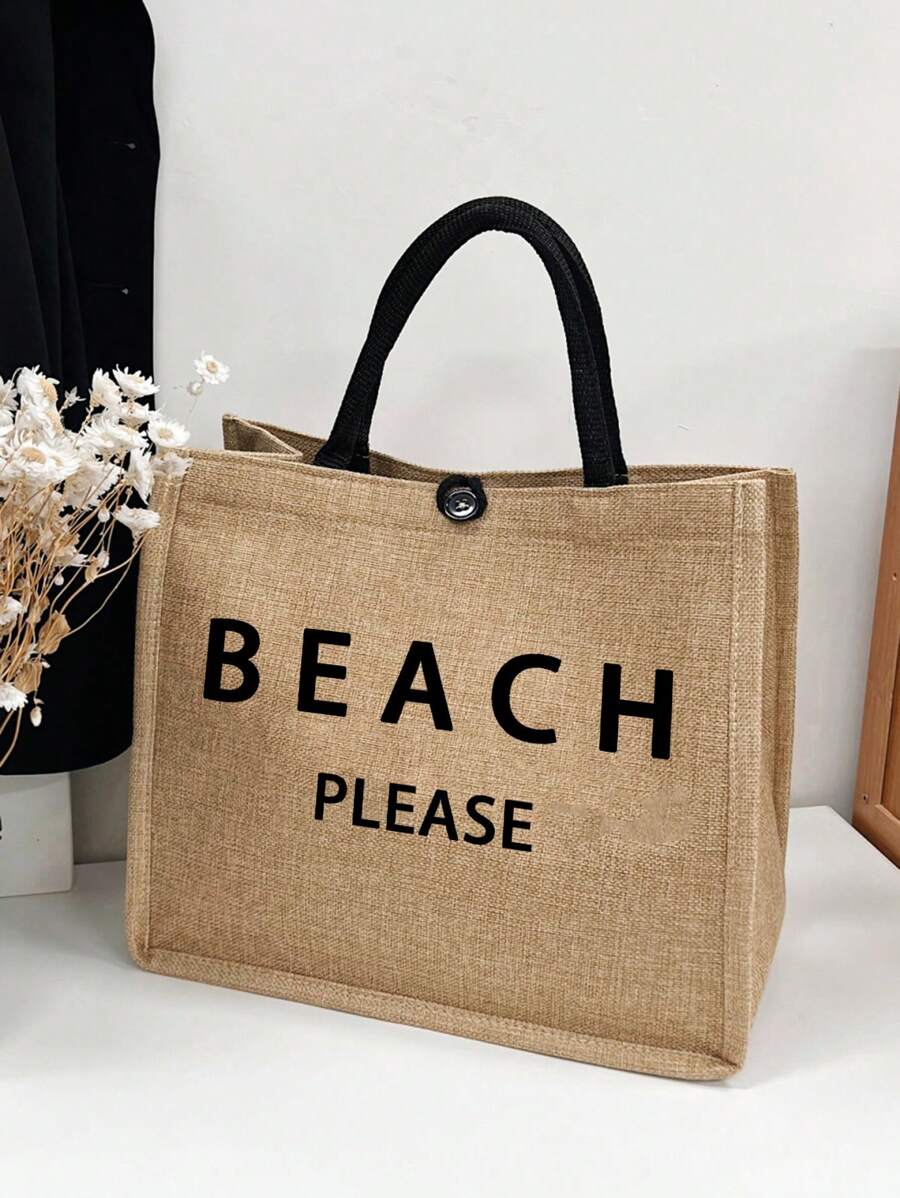 Lightweight , Casual Beach Letter Print Holiday Bag , Women's Stylish Canvas Tote With Zipper For Shopping For Teen Girls Women College Students Perfect for College , Outdoors , Travel , Outings - Khaki - View 1