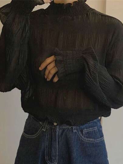 フリルトリム シャーリング ブラウス、長袖トップス