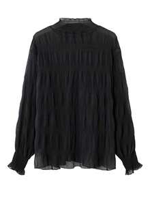 纯色半透明荷叶边褶皱衬衫、长袖上衣 - 黑色 - 查看 2