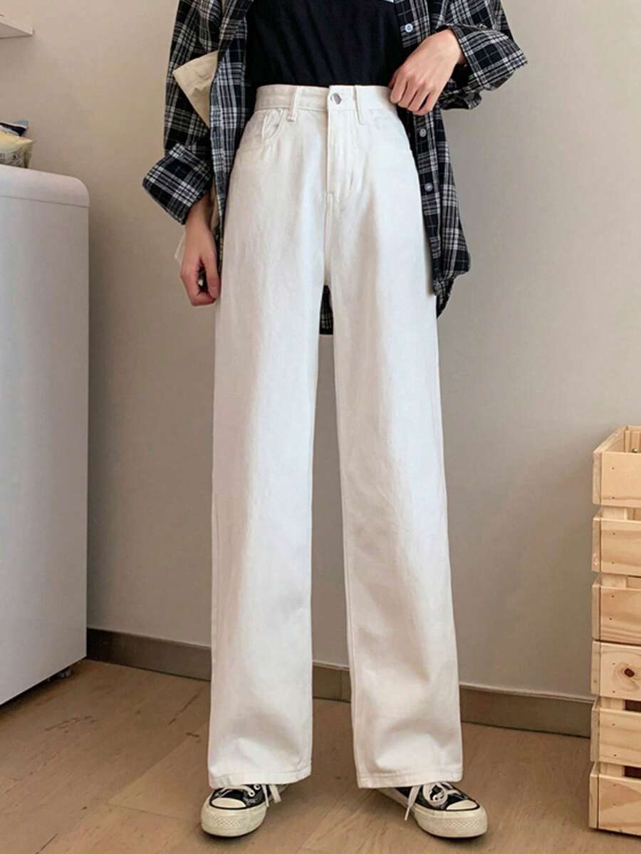素色高腰闊腿牛仔褲 - 白色 - 查看 1